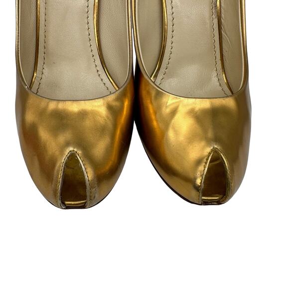Yves Saint Laurent Metallic Gold Chunky Heel Peep Toe Pumps EUC 37 US 6.5 - Picture 3 of 16